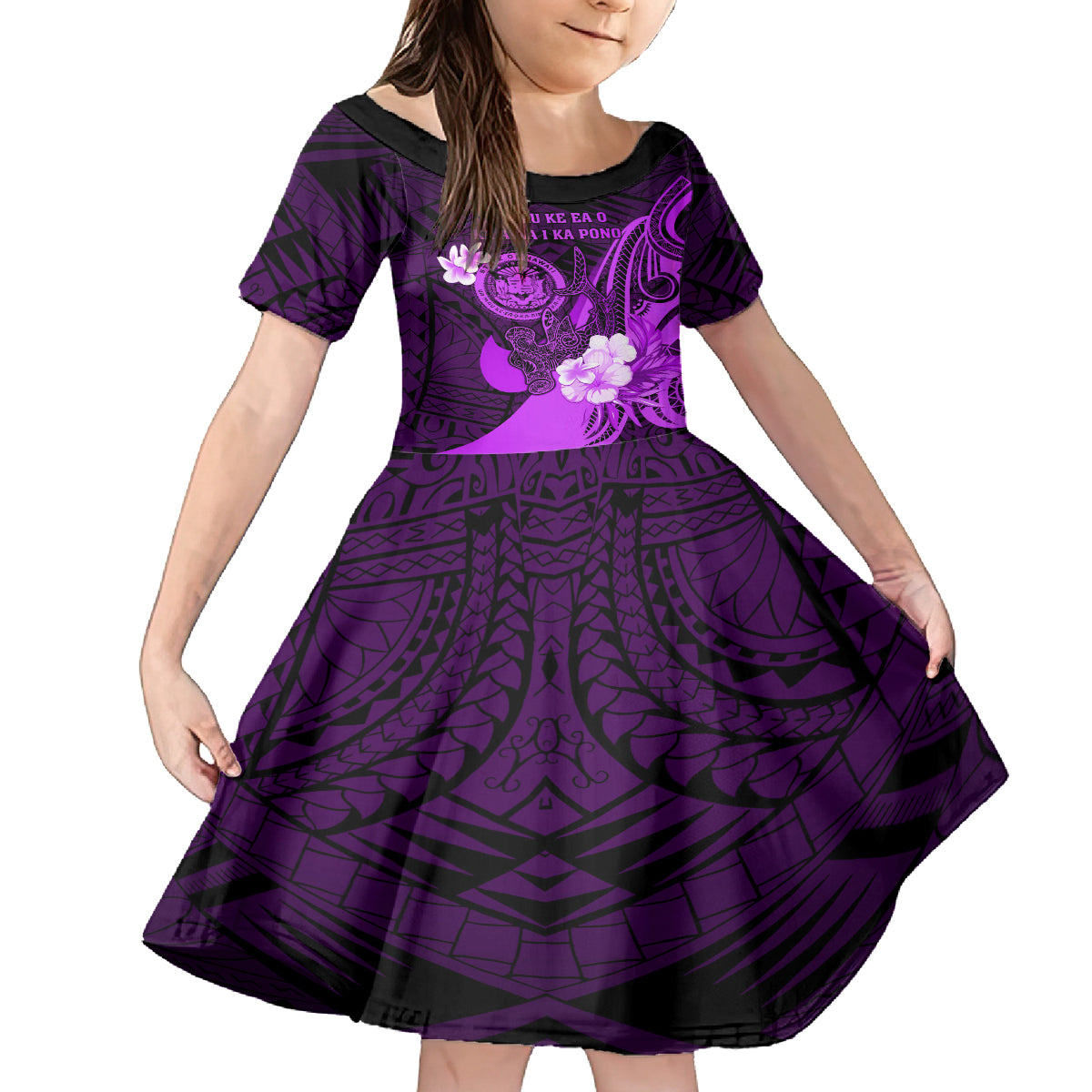 Personalised Hawaii State Motto Family Matching Long Sleeve Bodycon Dress and Hawaiian Shirt Hawaiian Tribal Purple Hammerhead Shark LT05 Daughter's Dress Purple - Polynesian Pride
