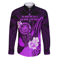 Personalised Hawaii State Motto Family Matching Off Shoulder Maxi Dress and Hawaiian Shirt Hawaiian Tribal Purple Hammerhead Shark LT05 Dad's Shirt - Long Sleeve Purple - Polynesian Pride