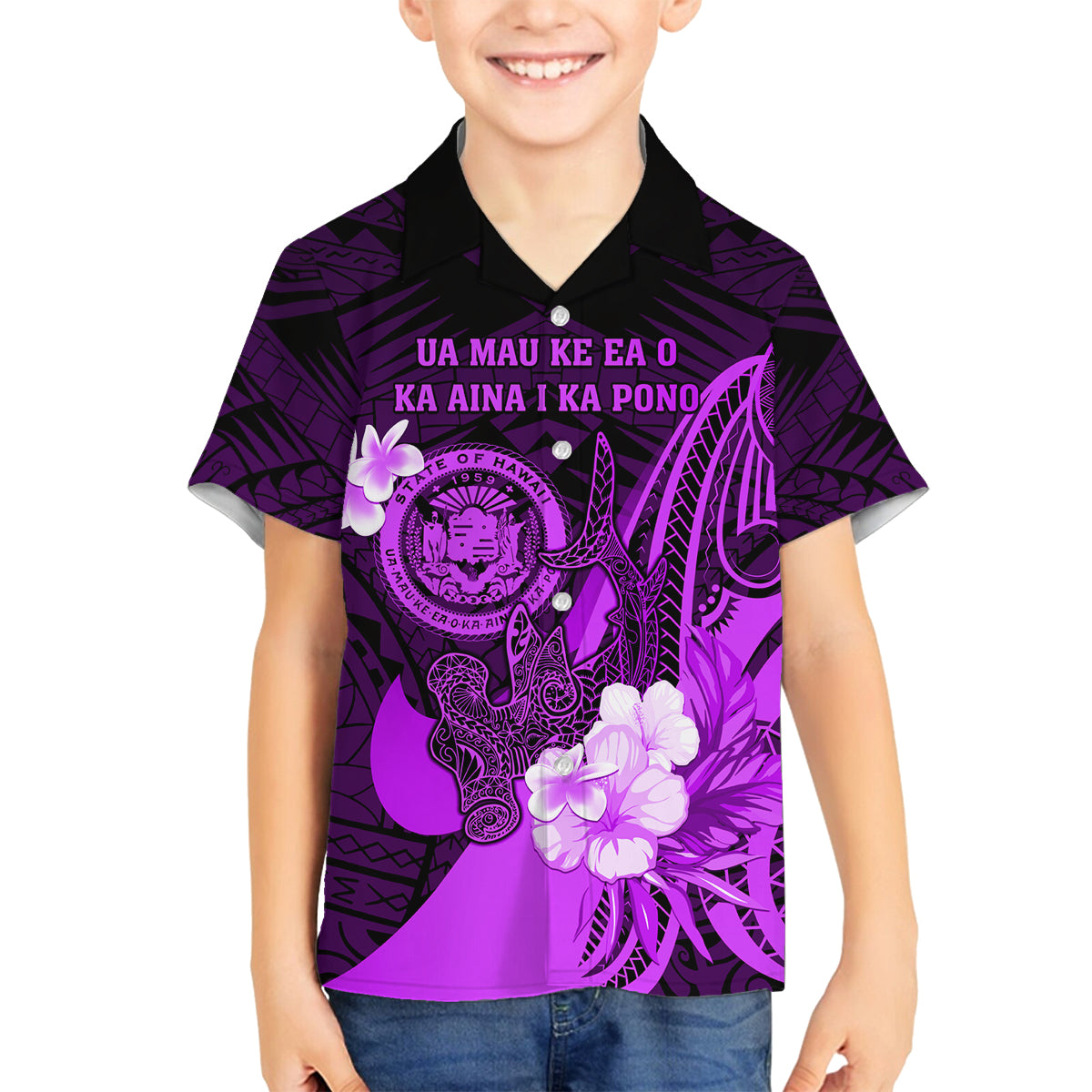 Personalised Hawaii State Motto Family Matching Off Shoulder Maxi Dress and Hawaiian Shirt Hawaiian Tribal Purple Hammerhead Shark LT05 Son's Shirt Purple - Polynesian Pride