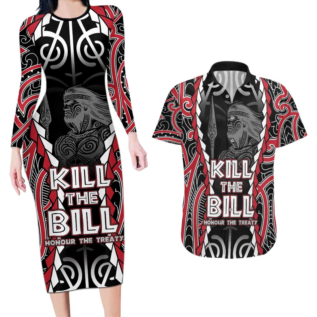 Aotearoa Waitangi Day Couples Matching Long Sleeve Bodycon Dress and Hawaiian Shirt Maori Warrior Tribal Tattoo LT05 Black - Polynesian Pride