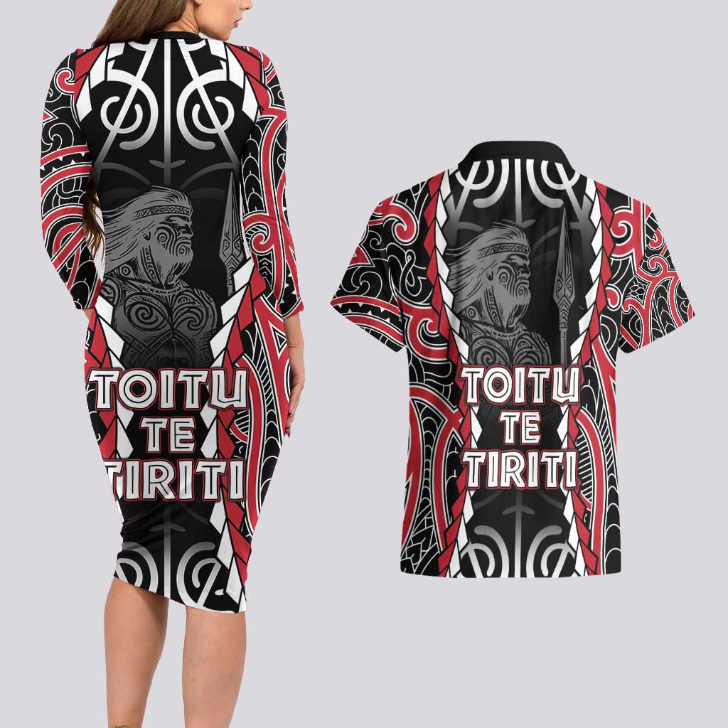 Aotearoa Waitangi Day Couples Matching Long Sleeve Bodycon Dress and Hawaiian Shirt Maori Warrior Tribal Tattoo LT05 - Polynesian Pride