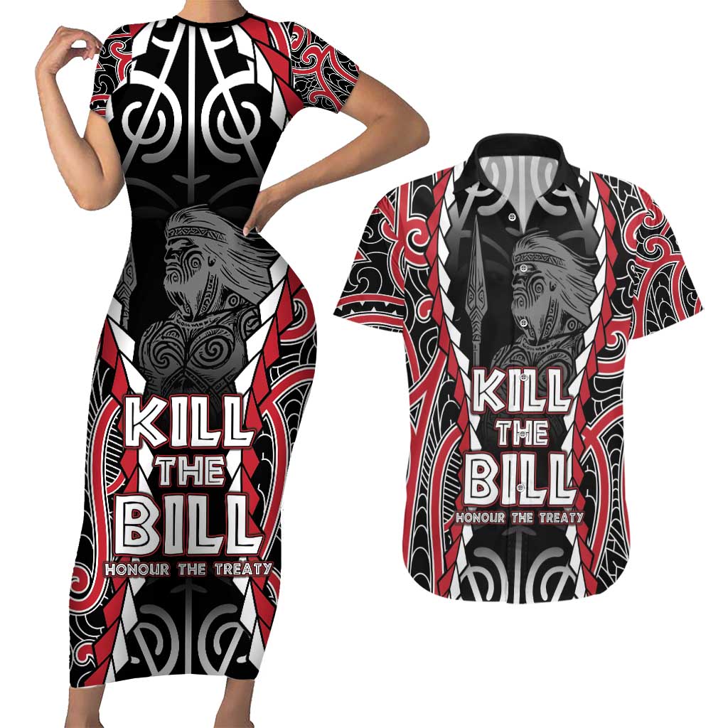 Aotearoa Waitangi Day Couples Matching Short Sleeve Bodycon Dress and Hawaiian Shirt Maori Warrior Tribal Tattoo LT05 Black - Polynesian Pride