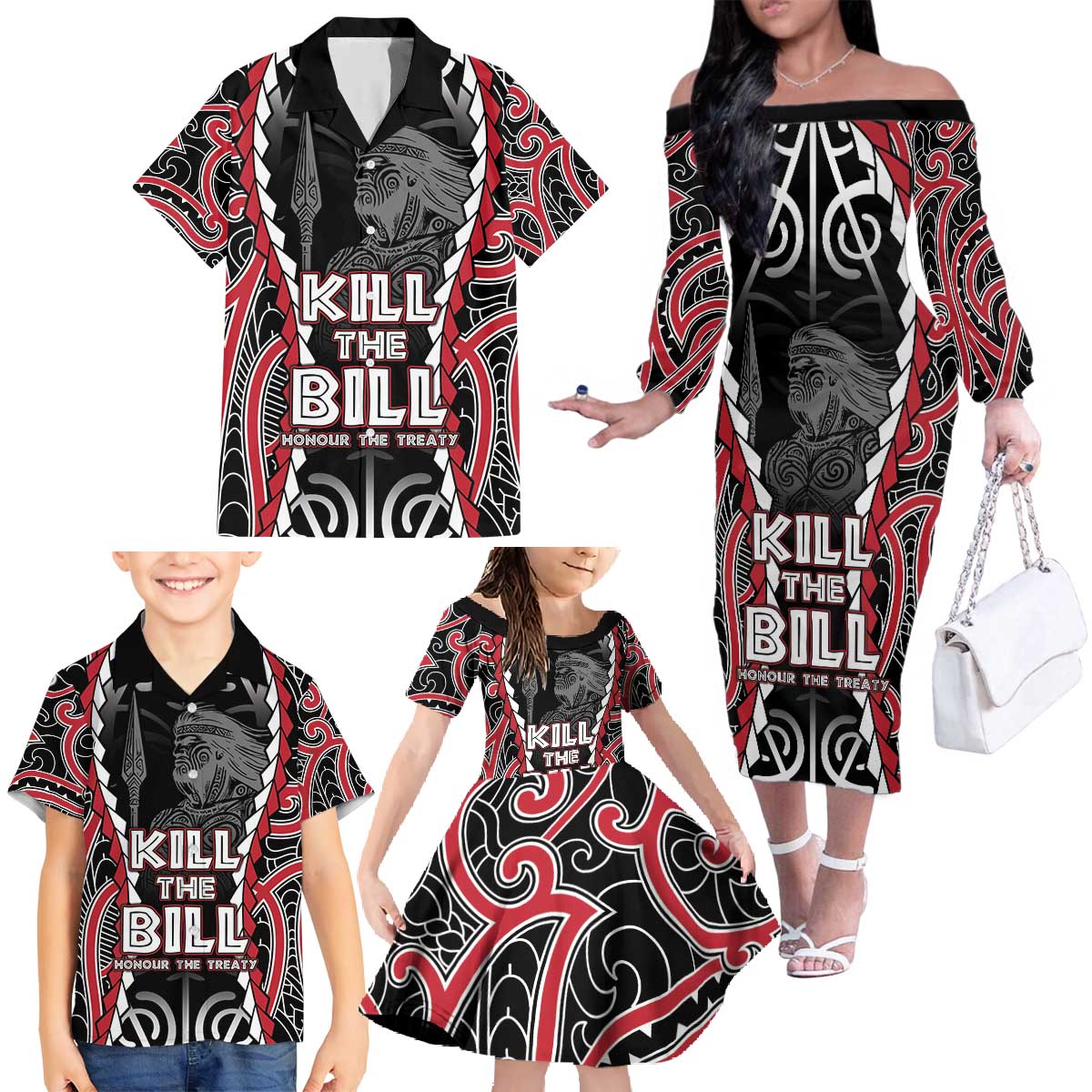 Aotearoa Waitangi Day Family Matching Off The Shoulder Long Sleeve Dress and Hawaiian Shirt Maori Warrior Tribal Tattoo LT05 Black - Polynesian Pride