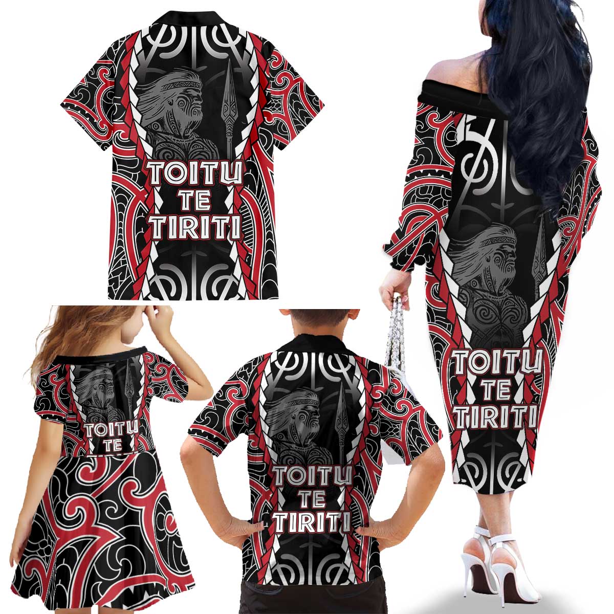 Aotearoa Waitangi Day Family Matching Off The Shoulder Long Sleeve Dress and Hawaiian Shirt Maori Warrior Tribal Tattoo LT05 - Polynesian Pride