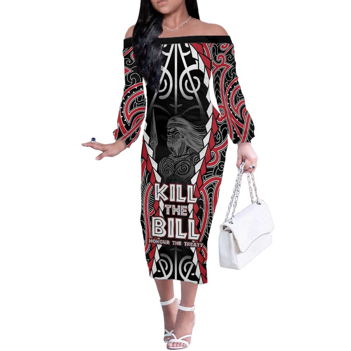 Aotearoa Waitangi Day Family Matching Off The Shoulder Long Sleeve Dress and Hawaiian Shirt Maori Warrior Tribal Tattoo LT05 - Polynesian Pride