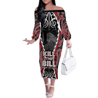 Aotearoa Waitangi Day Family Matching Off The Shoulder Long Sleeve Dress and Hawaiian Shirt Maori Warrior Tribal Tattoo LT05 - Polynesian Pride