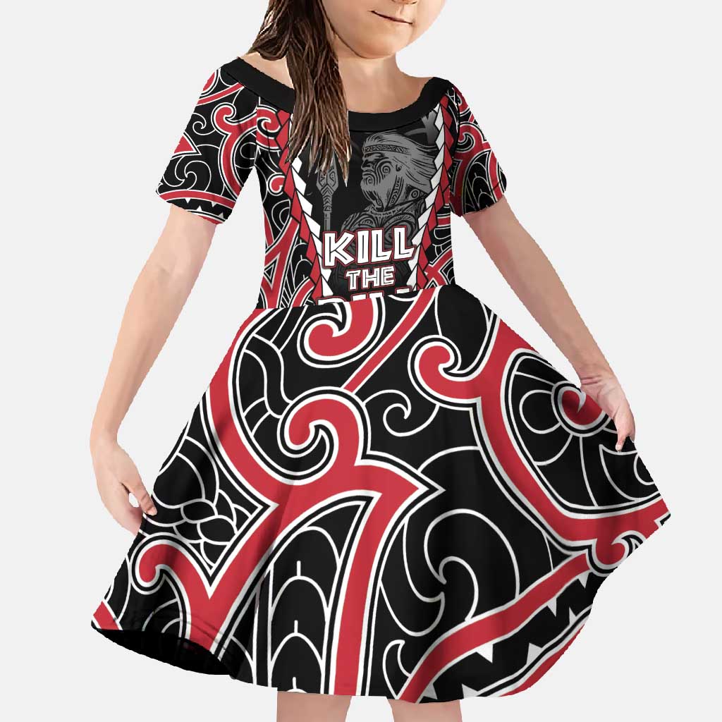 Aotearoa Waitangi Day Family Matching Off Shoulder Maxi Dress and Hawaiian Shirt Maori Warrior Tribal Tattoo LT05 Daughter's Dress Black - Polynesian Pride