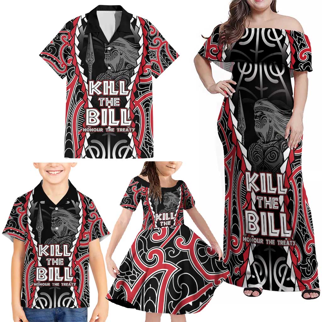 Aotearoa Waitangi Day Family Matching Off Shoulder Maxi Dress and Hawaiian Shirt Maori Warrior Tribal Tattoo LT05 - Polynesian Pride