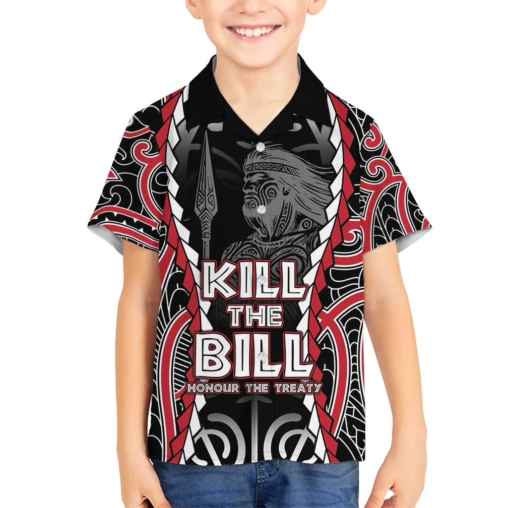 Aotearoa Waitangi Day Family Matching Off Shoulder Maxi Dress and Hawaiian Shirt Maori Warrior Tribal Tattoo LT05 Son's Shirt Black - Polynesian Pride