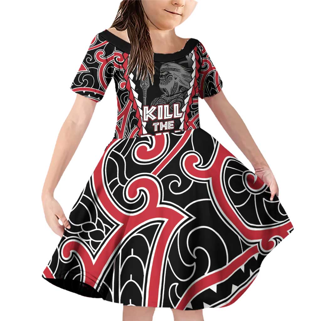 Aotearoa Waitangi Day Family Matching Off Shoulder Short Dress and Hawaiian Shirt Maori Warrior Tribal Tattoo LT05 Daughter's Dress Black - Polynesian Pride
