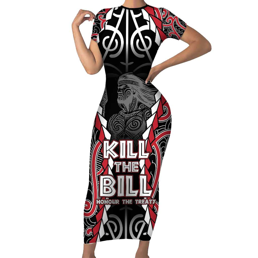 Aotearoa Waitangi Day Family Matching Short Sleeve Bodycon Dress and Hawaiian Shirt Maori Warrior Tribal Tattoo LT05 Mom's Dress Black - Polynesian Pride