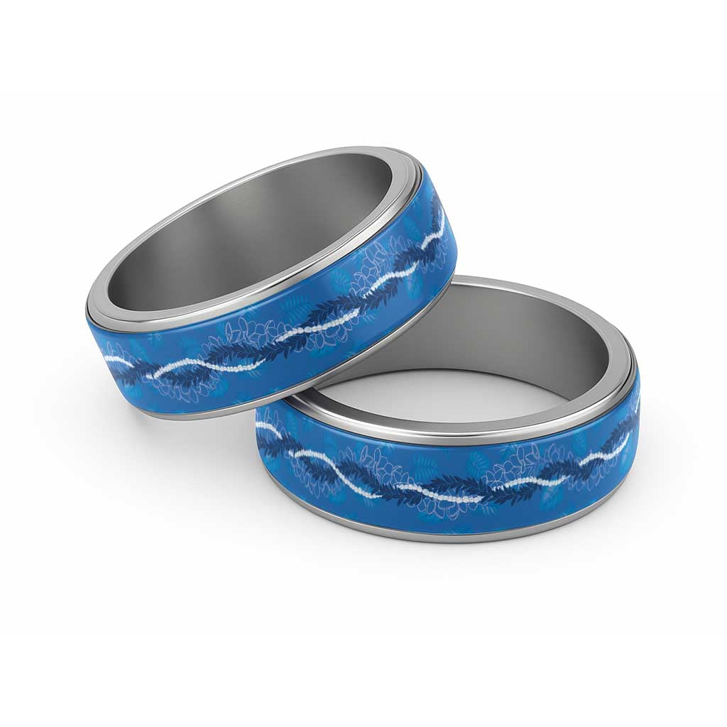 Hawaii Maile Lei Classic Ring With Blue Monstera Pattern LT05 Sliver Blue - Polynesian Pride
