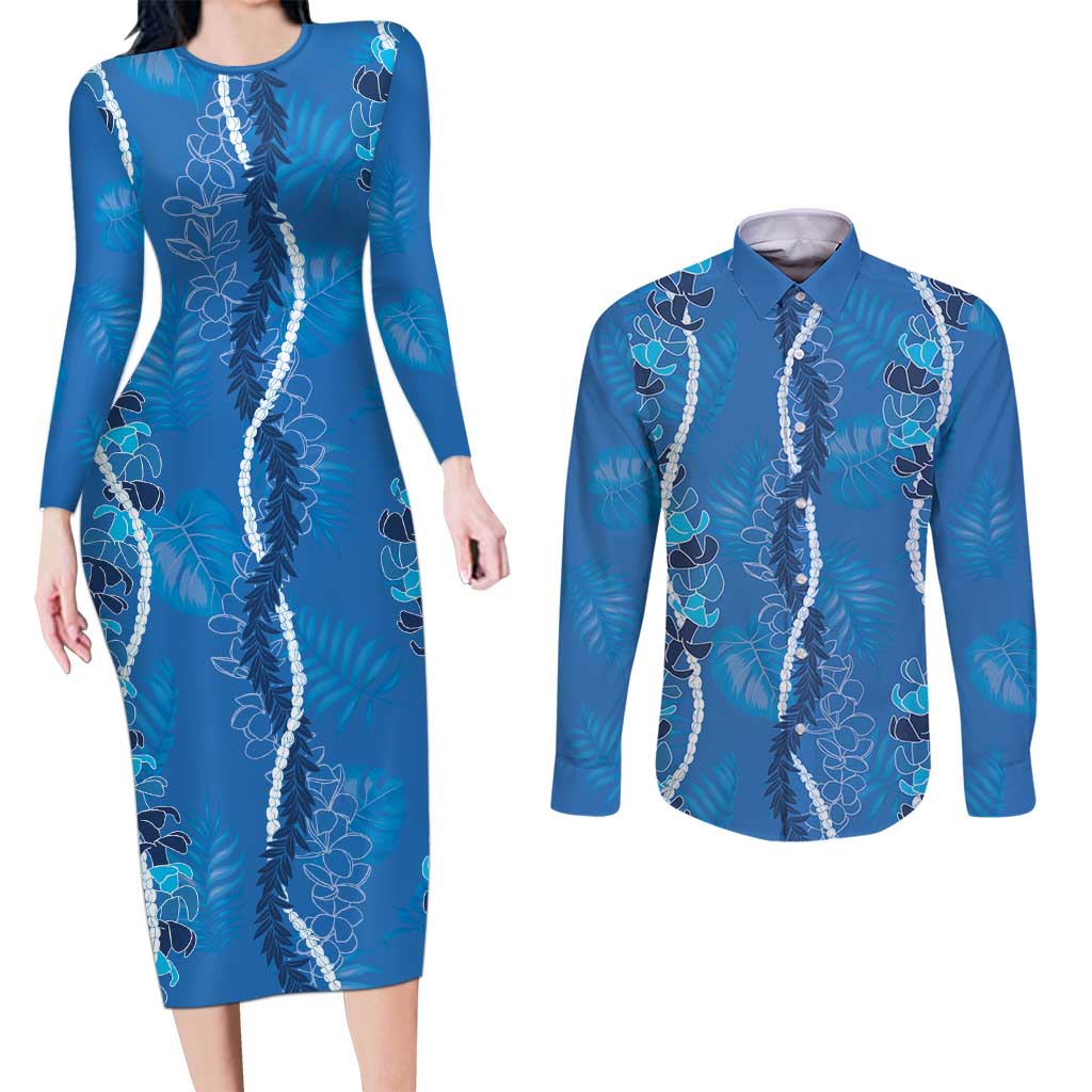 Hawaii Maile Lei Couples Matching Long Sleeve Bodycon Dress and Long Sleeve Button Shirt With Blue Monstera Pattern LT05 Blue - Polynesian Pride