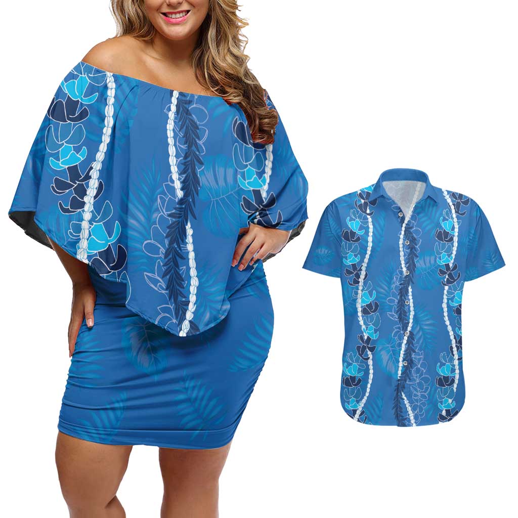 Hawaii Maile Lei Couples Matching Off Shoulder Short Dress and Hawaiian Shirt With Blue Monstera Pattern LT05 Blue - Polynesian Pride