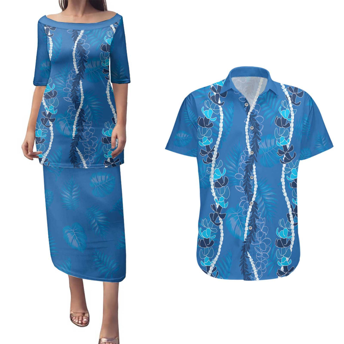 Hawaii Maile Lei Couples Matching Puletasi and Hawaiian Shirt With Blue Monstera Pattern