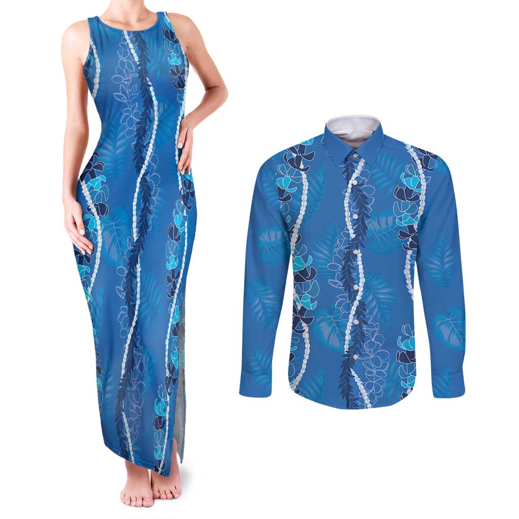 Hawaii Maile Lei Couples Matching Tank Maxi Dress and Long Sleeve Button Shirt With Blue Monstera Pattern LT05 Blue - Polynesian Pride