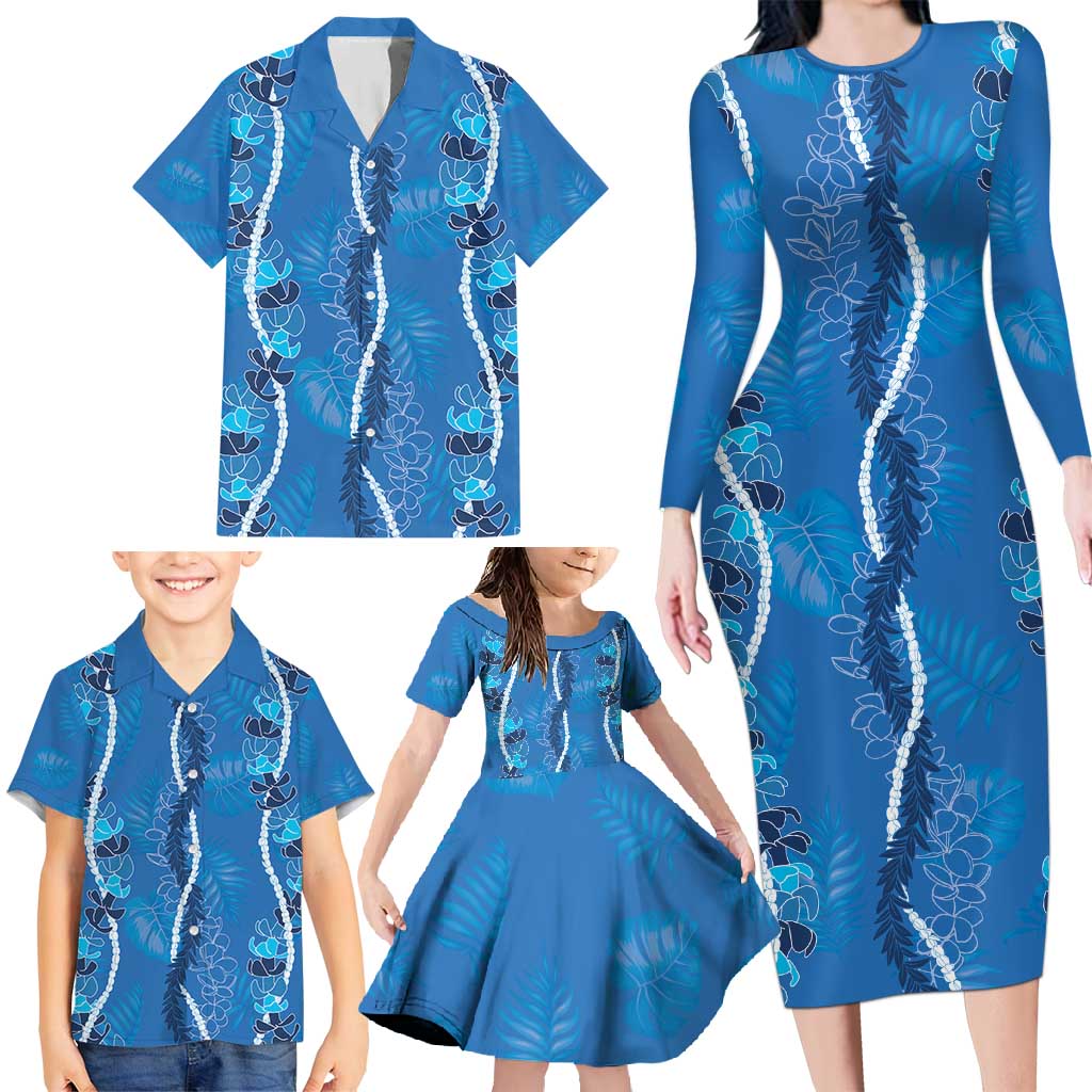 Hawaii Maile Lei Family Matching Long Sleeve Bodycon Dress and Hawaiian Shirt With Blue Monstera Pattern LT05 - Polynesian Pride