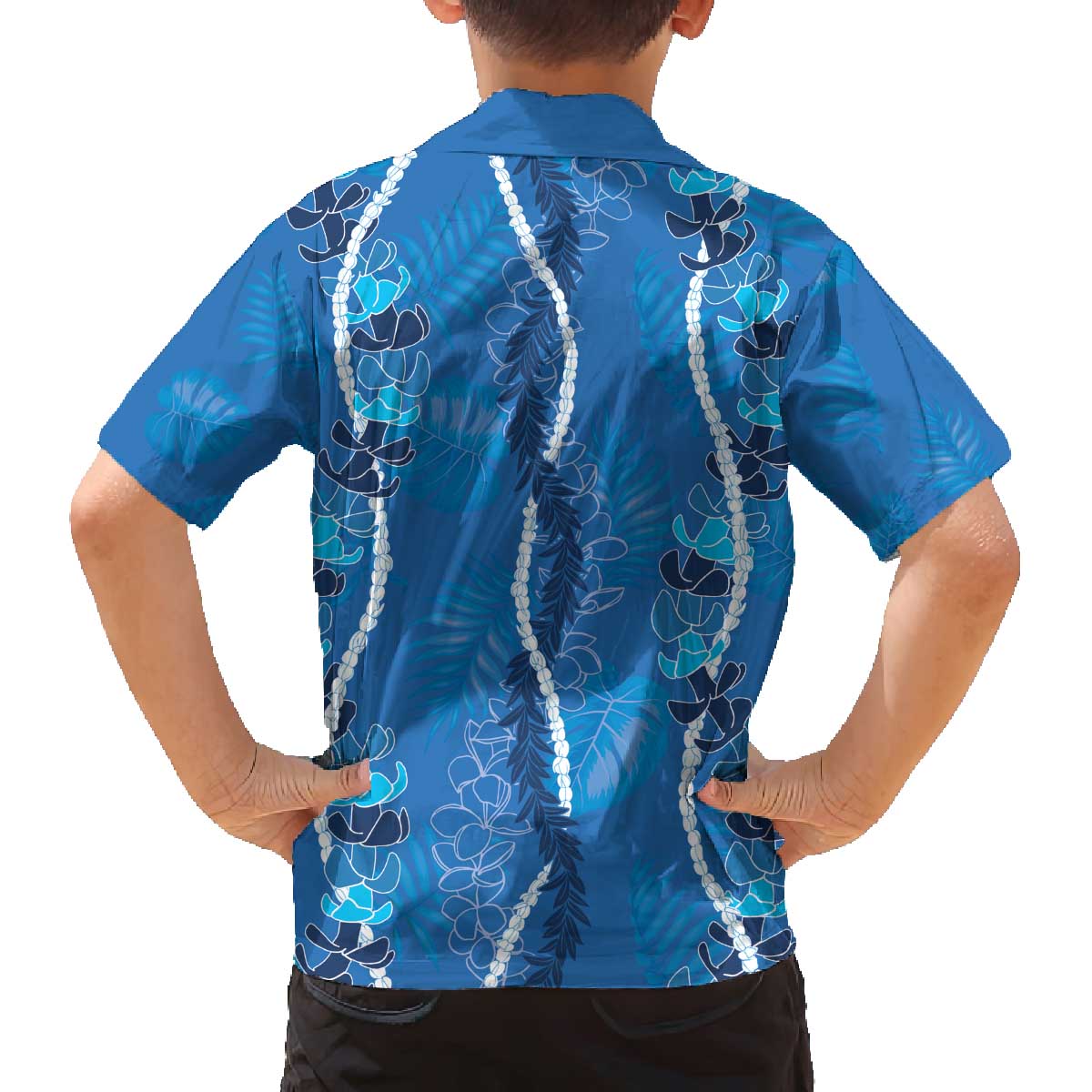 Hawaii Maile Lei Family Matching Off The Shoulder Long Sleeve Dress and Hawaiian Shirt With Blue Monstera Pattern