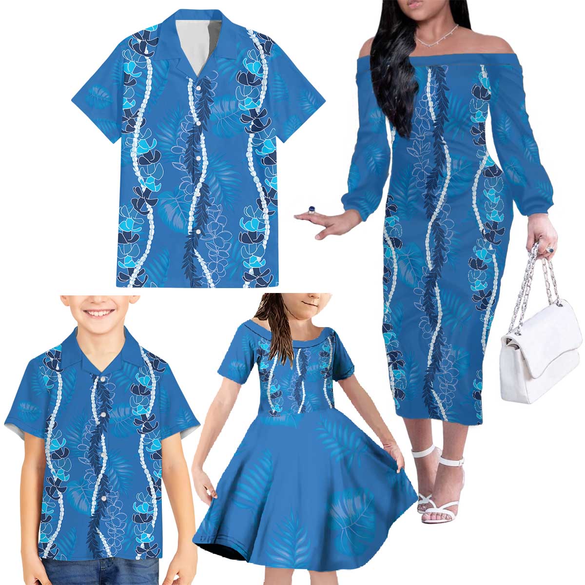 Hawaii Maile Lei Family Matching Off The Shoulder Long Sleeve Dress and Hawaiian Shirt With Blue Monstera Pattern LT05 Blue - Polynesian Pride