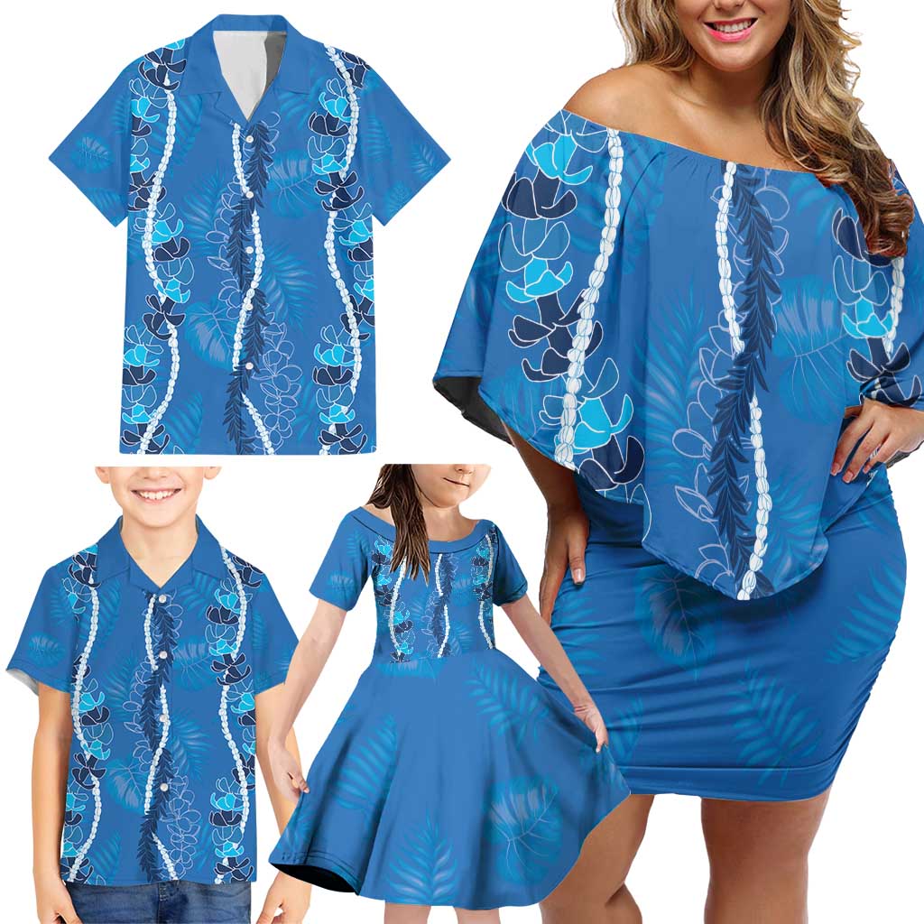 Hawaii Maile Lei Family Matching Off Shoulder Short Dress and Hawaiian Shirt With Blue Monstera Pattern LT05 - Polynesian Pride