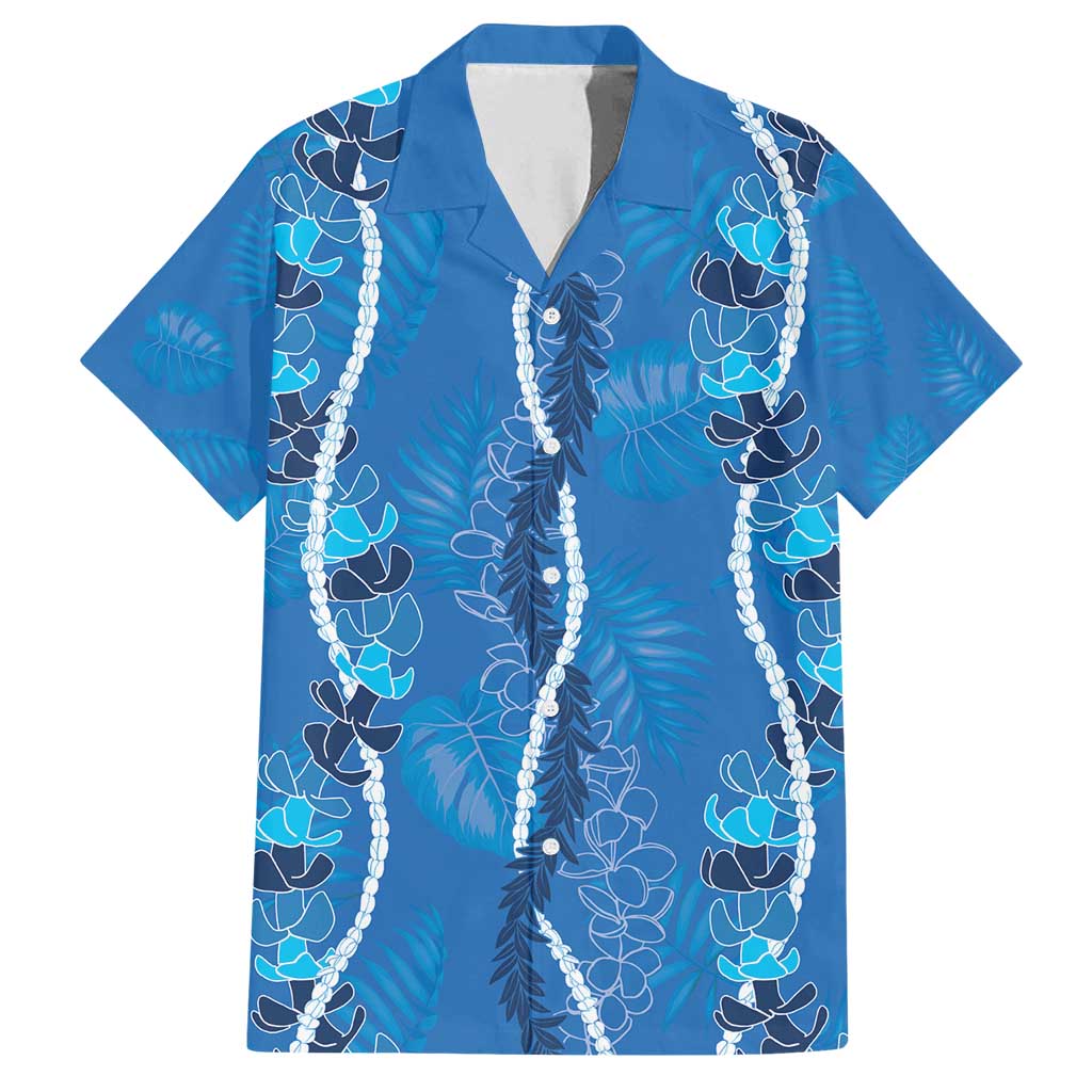 Hawaii Maile Lei Family Matching Off Shoulder Short Dress and Hawaiian Shirt With Blue Monstera Pattern