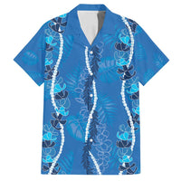 Hawaii Maile Lei Family Matching Off Shoulder Short Dress and Hawaiian Shirt With Blue Monstera Pattern