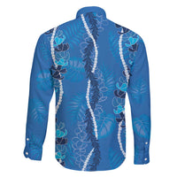 Hawaii Maile Lei Family Matching Off Shoulder Short Dress and Hawaiian Shirt With Blue Monstera Pattern
