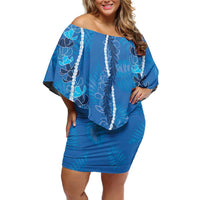 Hawaii Maile Lei Family Matching Off Shoulder Short Dress and Hawaiian Shirt With Blue Monstera Pattern