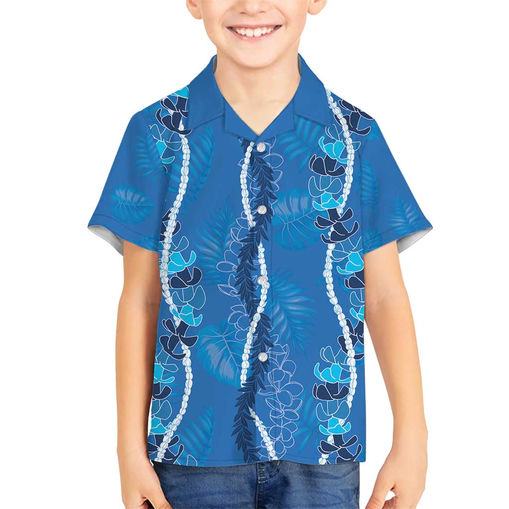 Hawaii Maile Lei Family Matching Off Shoulder Short Dress and Hawaiian Shirt With Blue Monstera Pattern
