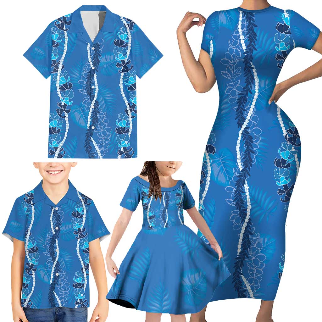 Hawaii Maile Lei Family Matching Short Sleeve Bodycon Dress and Hawaiian Shirt With Blue Monstera Pattern LT05 - Polynesian Pride