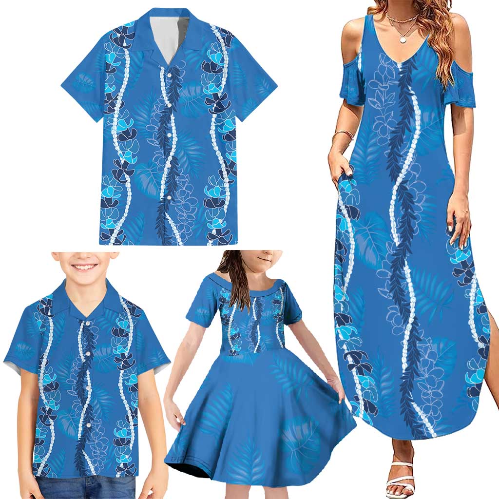 Hawaii Maile Lei Family Matching Summer Maxi Dress and Hawaiian Shirt With Blue Monstera Pattern LT05 - Polynesian Pride