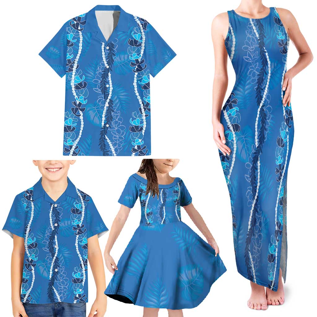 Hawaii Maile Lei Family Matching Tank Maxi Dress and Hawaiian Shirt With Blue Monstera Pattern LT05 - Polynesian Pride