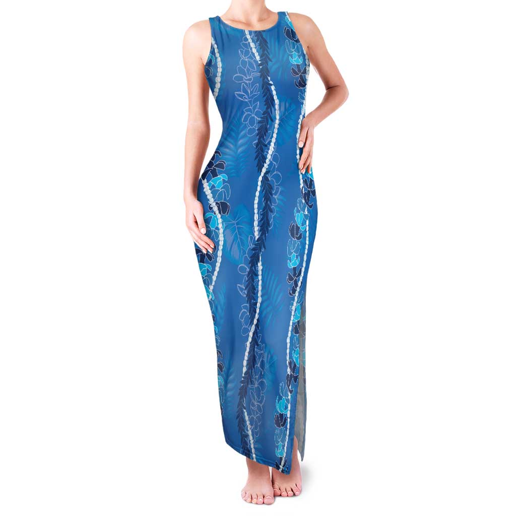 Hawaii Maile Lei Family Matching Tank Maxi Dress and Hawaiian Shirt With Blue Monstera Pattern