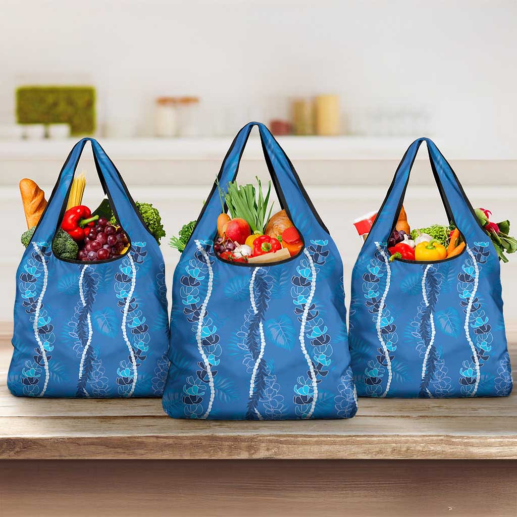 Hawaii Maile Lei Grocery Bag With Blue Monstera Pattern