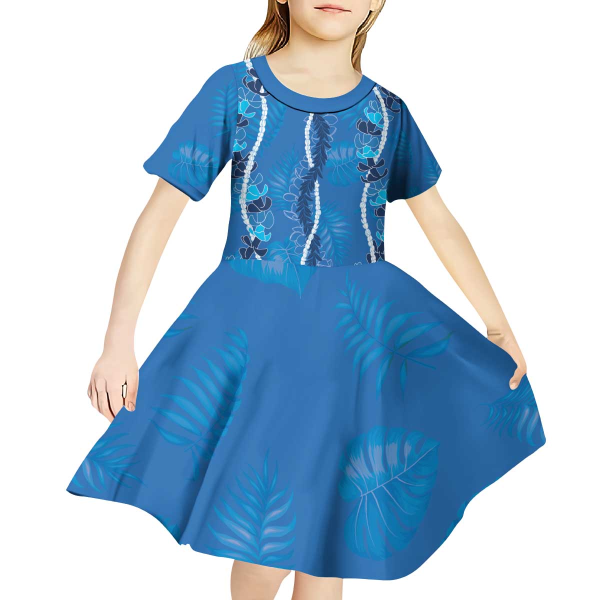 Hawaii Maile Lei Kid Short Sleeve Dress With Blue Monstera Pattern