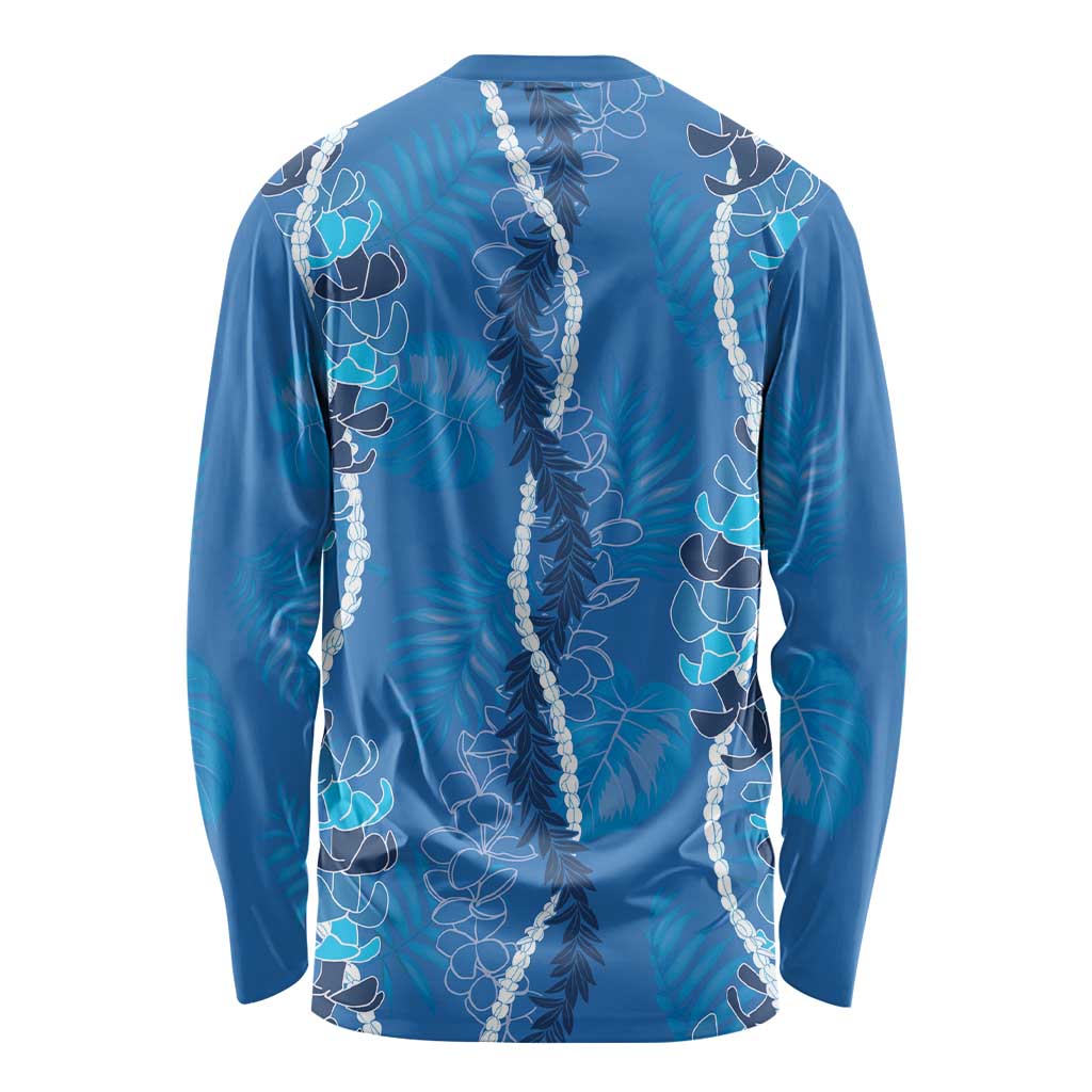 Hawaii Maile Lei Long Sleeve Shirt With Blue Monstera Pattern
