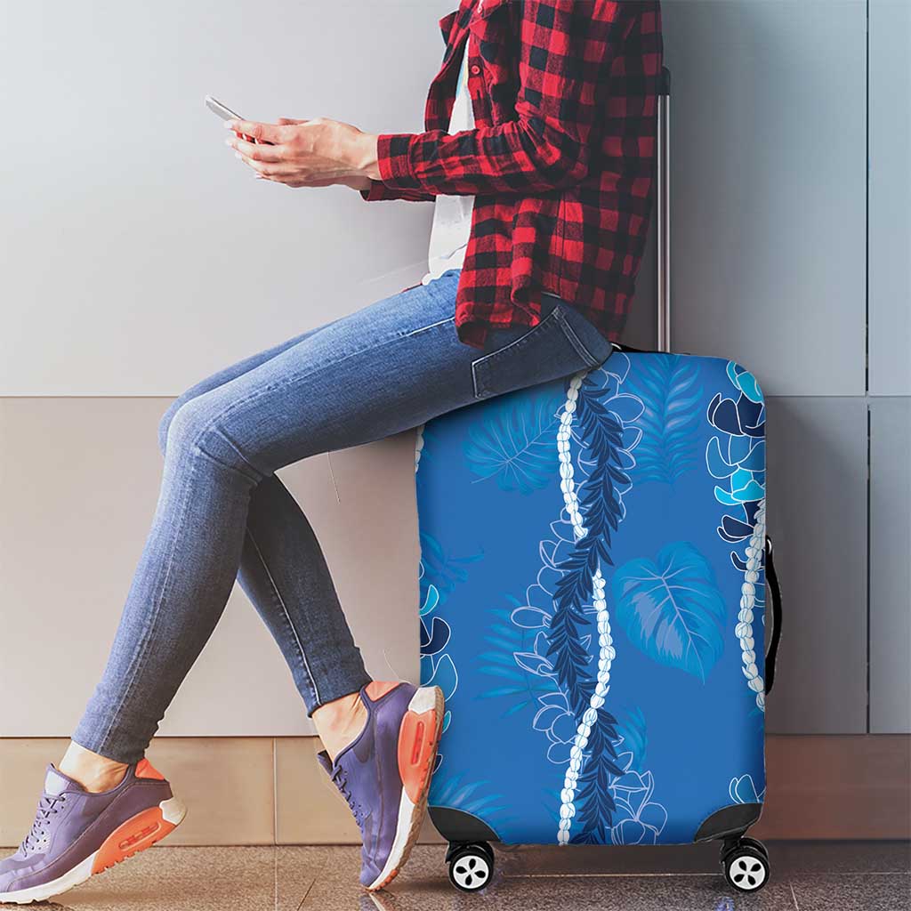 Hawaii Maile Lei Luggage Cover With Blue Monstera Pattern