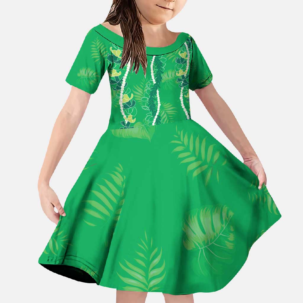 Hawaii Maile Lei Family Matching Mermaid Dress and Hawaiian Shirt With Green Monstera Pattern LT05 Daughter's Dress Green - Polynesian Pride