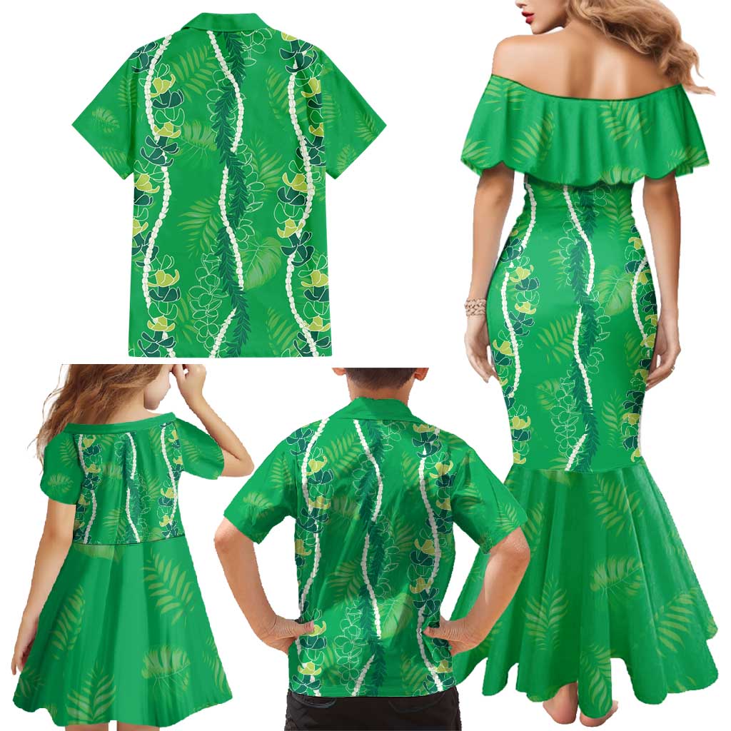 Hawaii Maile Lei Family Matching Mermaid Dress and Hawaiian Shirt With Green Monstera Pattern LT05 - Polynesian Pride