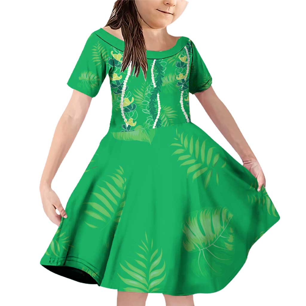 Hawaii Maile Lei Family Matching Off Shoulder Short Dress and Hawaiian Shirt With Green Monstera Pattern LT05 Daughter's Dress Green - Polynesian Pride