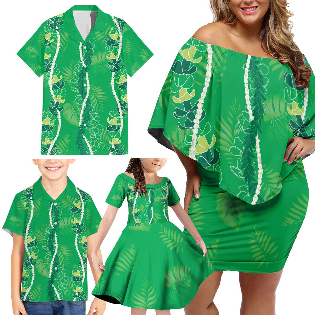 Hawaii Maile Lei Family Matching Off Shoulder Short Dress and Hawaiian Shirt With Green Monstera Pattern LT05 - Polynesian Pride
