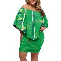 Hawaii Maile Lei Family Matching Off Shoulder Short Dress and Hawaiian Shirt With Green Monstera Pattern LT05 Mom's Dress Green - Polynesian Pride