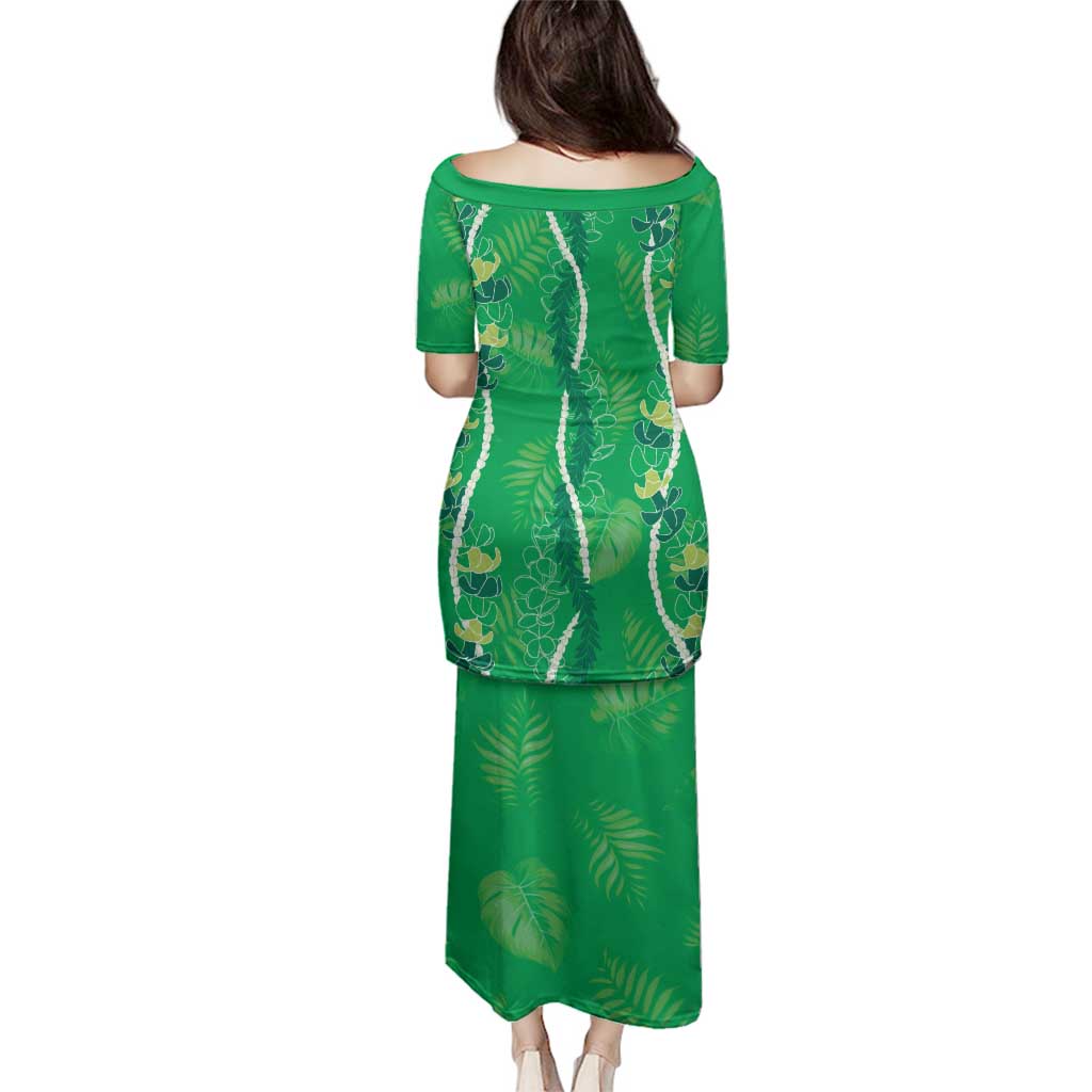 Hawaii Maile Lei Family Matching Puletasi and Hawaiian Shirt With Green Monstera Pattern