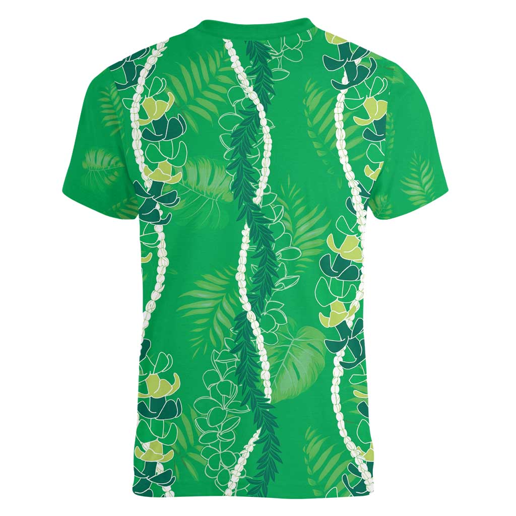 Hawaii Maile Lei Women V-Neck T-Shirt With Green Monstera Pattern