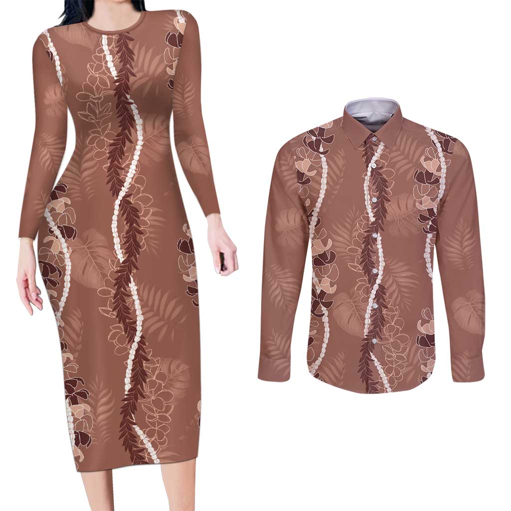 Hawaii Maile Lei Couples Matching Long Sleeve Bodycon Dress and Long Sleeve Button Shirt With Brown Monstera Pattern LT05 Brown - Polynesian Pride