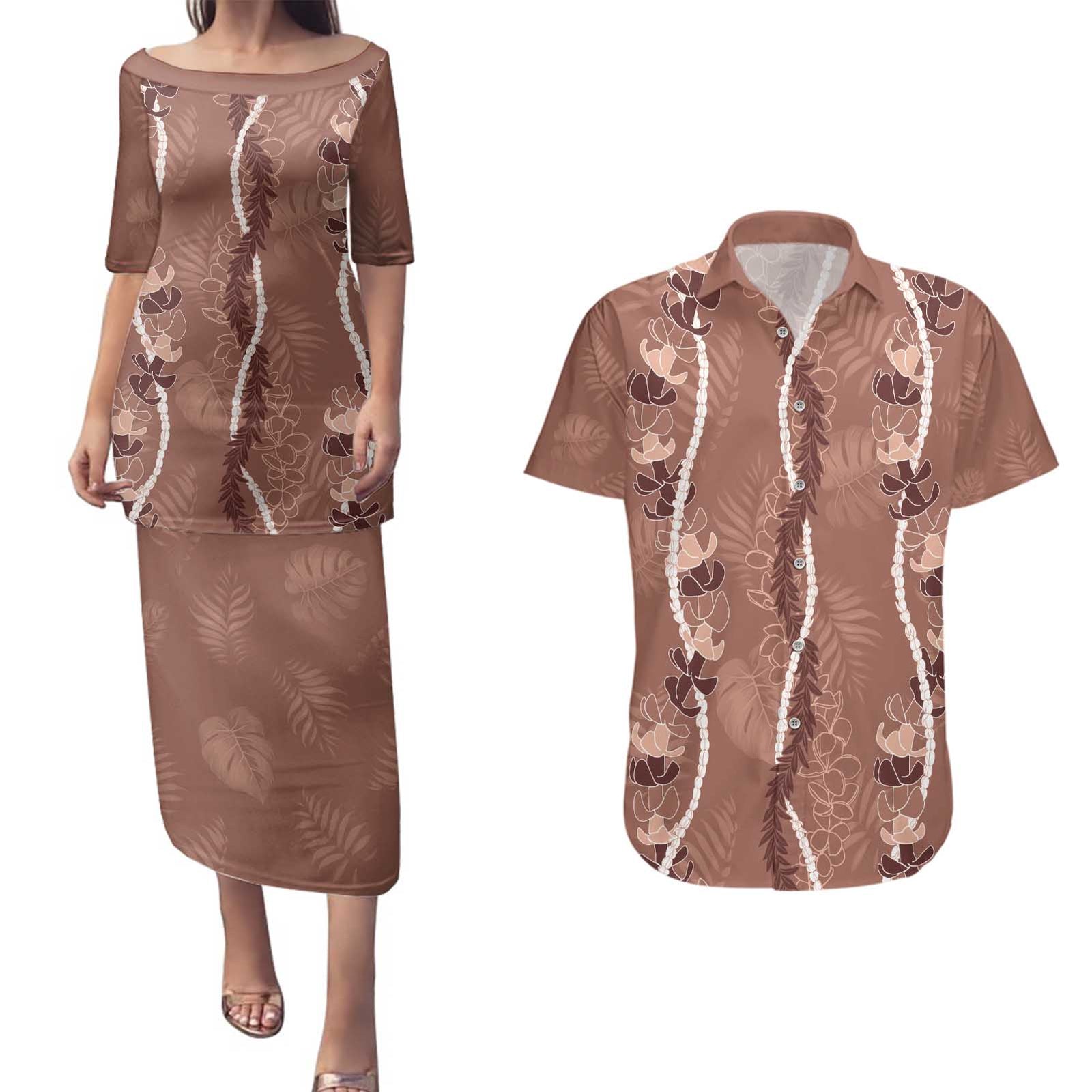 Hawaii Maile Lei Couples Matching Puletasi and Hawaiian Shirt With Brown Monstera Pattern LT05 Brown - Polynesian Pride