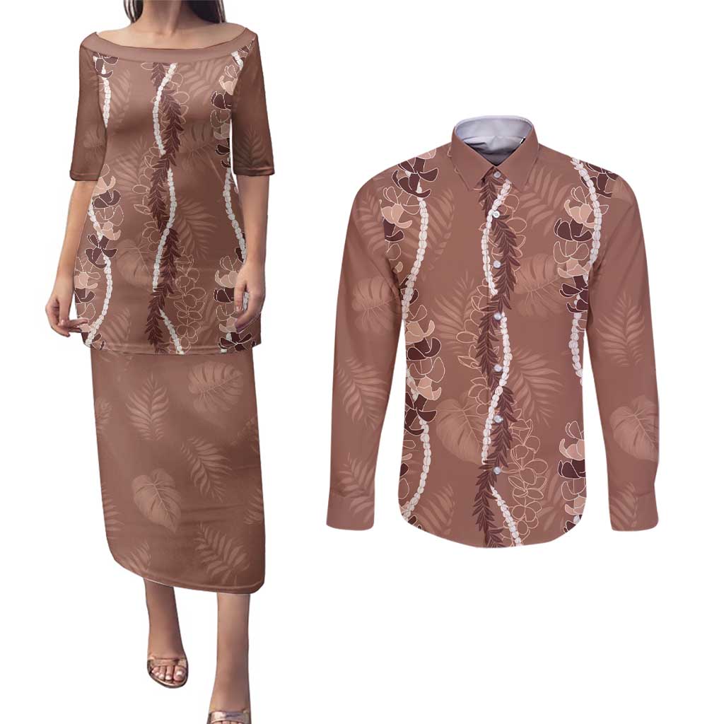 Hawaii Maile Lei Couples Matching Puletasi and Long Sleeve Button Shirt With Brown Monstera Pattern LT05 Brown - Polynesian Pride