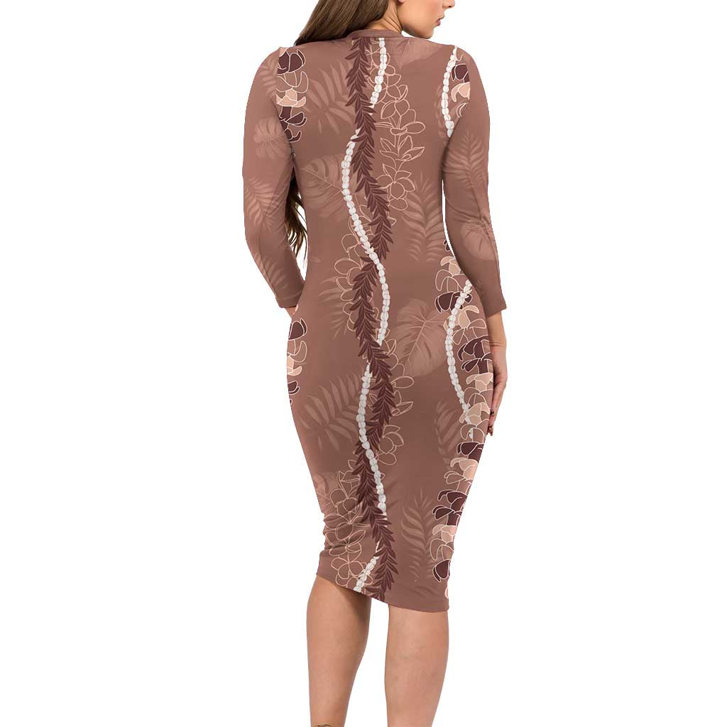 Hawaii Maile Lei Family Matching Long Sleeve Bodycon Dress and Hawaiian Shirt With Brown Monstera Pattern