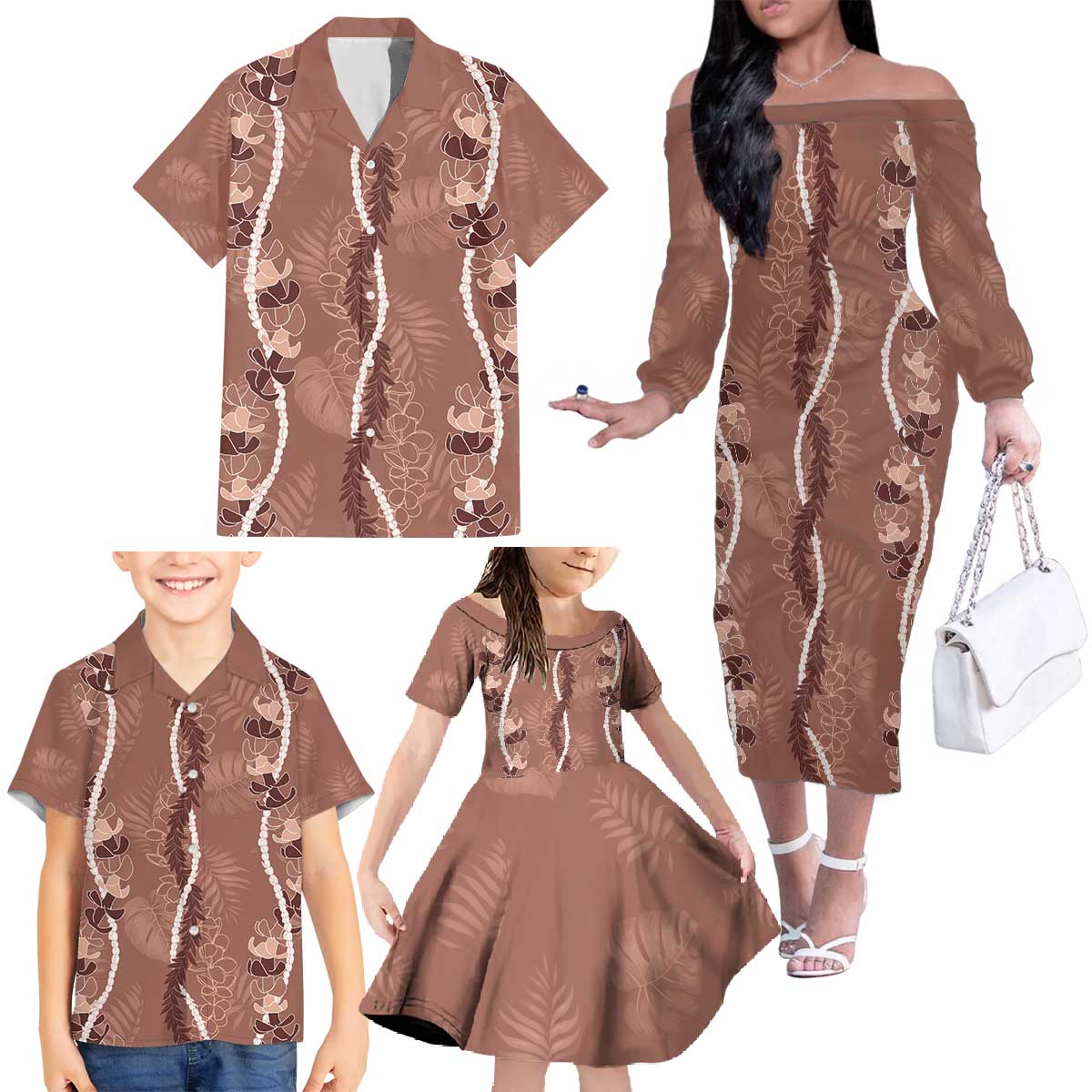 Hawaii Maile Lei Family Matching Off The Shoulder Long Sleeve Dress and Hawaiian Shirt With Brown Monstera Pattern LT05 Brown - Polynesian Pride