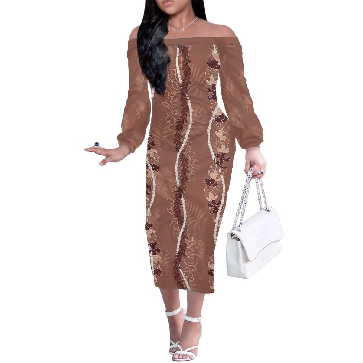Hawaii Maile Lei Family Matching Off The Shoulder Long Sleeve Dress and Hawaiian Shirt With Brown Monstera Pattern